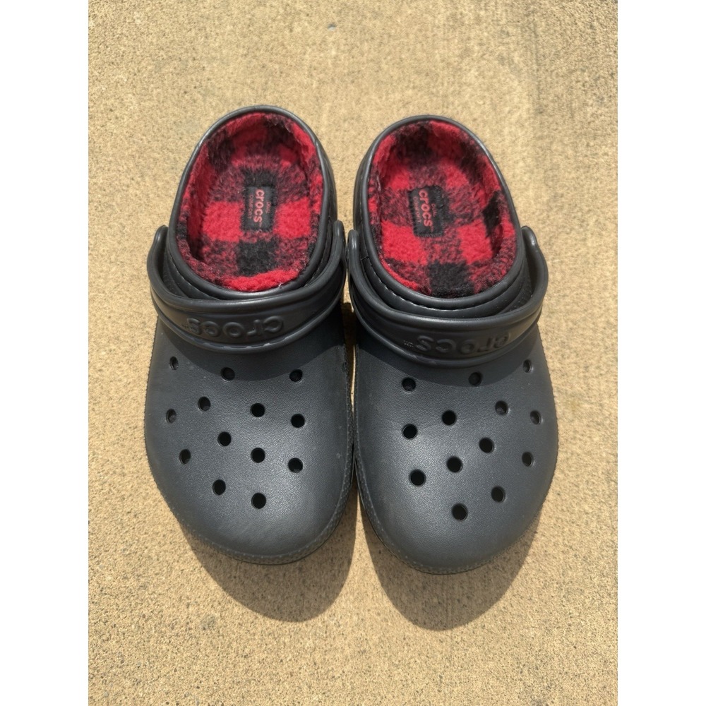 Crocs Kids J3 3 Classic Clog Fleece Lined Black Red Plaid Buffalo